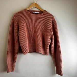 Zara Cable Knit Crewneck Cropped Boxy Salmon Deep Coral Sweater